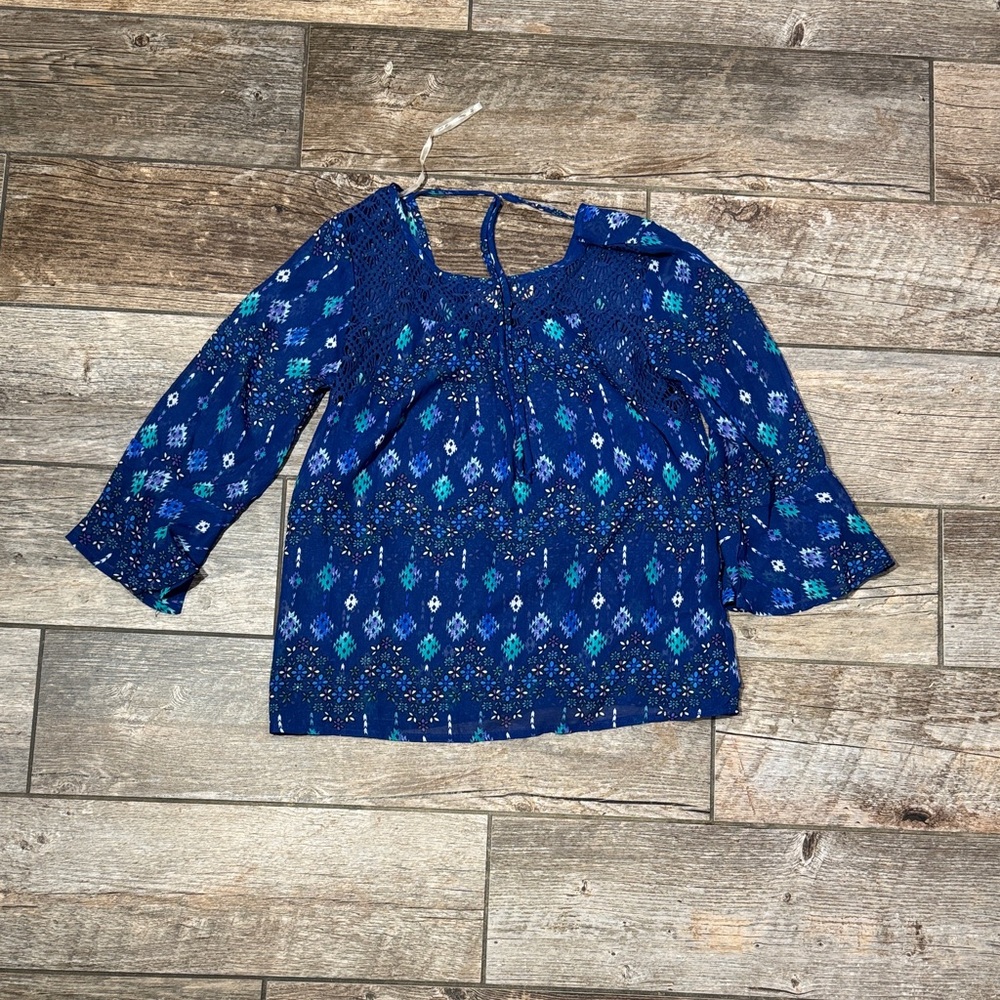 Blue Patterned Sheer Blouse